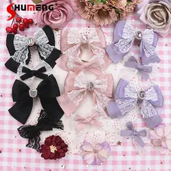 Japanese Style Sweet Soft Girl Side Clips Lace Edge Rhinestone Bow 3 Layers Barrettes Cute Hairwear Handmade Hair Accessories