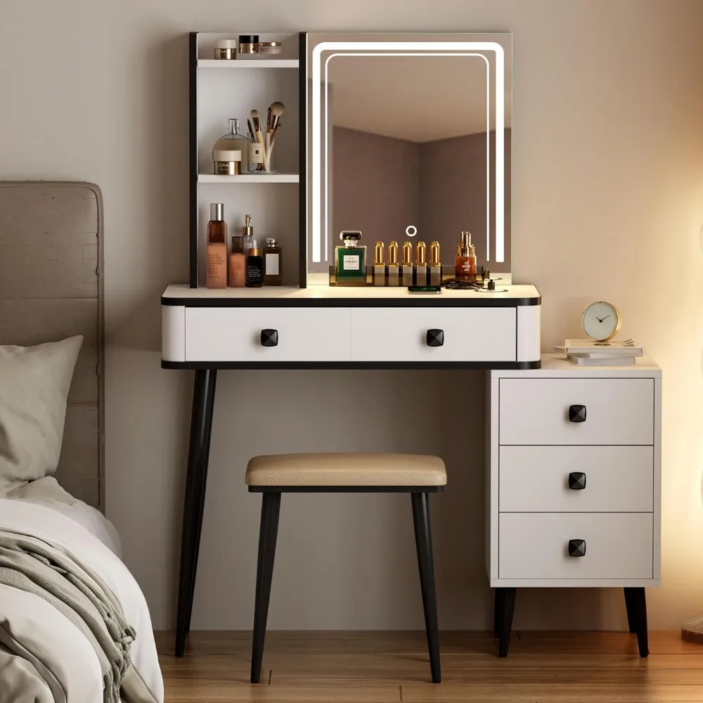 

Vanity Table Set with LED Mirror and Cushioned Stool, Makeup Desk Dressing Table with Storage Cabinet, Drawers&Shelves