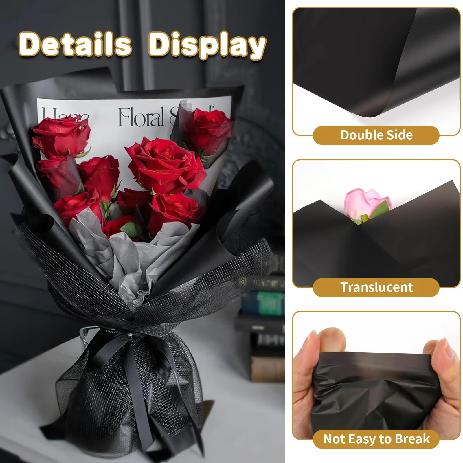Matte Black Flower Wrapping Paper with Golden Edges Waterproof Packaging 20 Sheets For DIY Wedding & Birthday Gifts