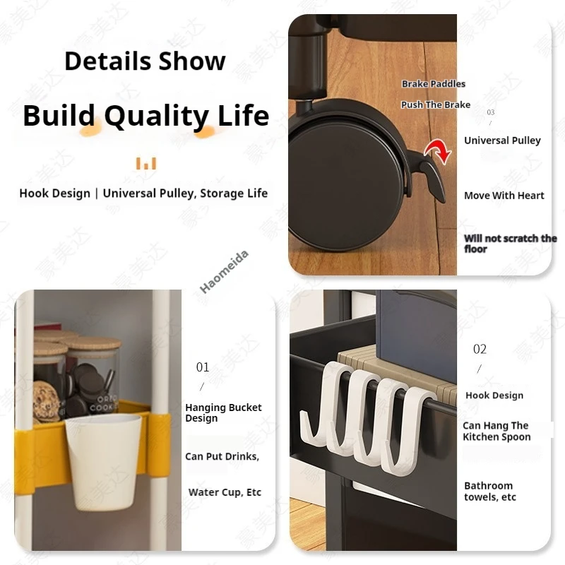 Multi-Layer Mobile Kitchen Shelves Organizer Trolley Rack Floor Standing Bookshelf Fruit An Vegetable Basket Snack Storage Rack Storage Rack Bookshelf Storage Rack Rolling Storage Cart