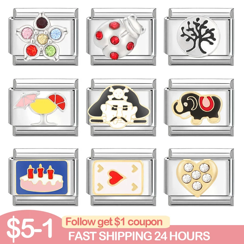 

Personalized Pirate Cake Elephant Pendant Bracelet Italian Links Charm Fit 9mm Bracelet Stainless Steel Jewelry Making