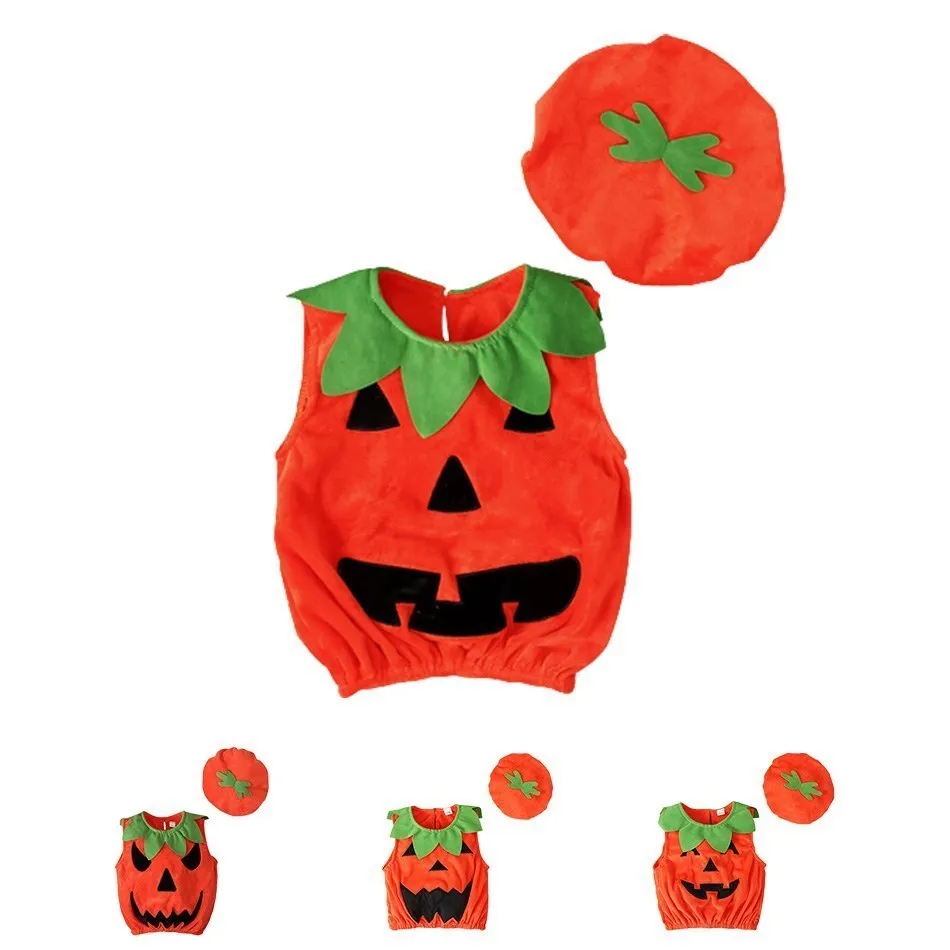 

0-3Y New Cosplay Halloween Toddler Baby Kid Pumpkin Print Sleeveless Romper Jumpsuits Tops+Hats Baby Clothes 2PCS Costumes