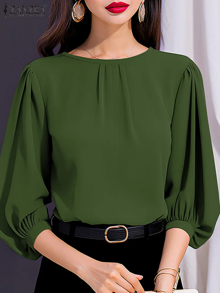 

Стильная Офисная рубашка OL, женская летняя блузка ZANZEA, элегантные блузы с рукавом 3/4 и круглым вырезом, повседневные однотонные рабочие топы, Женская туника