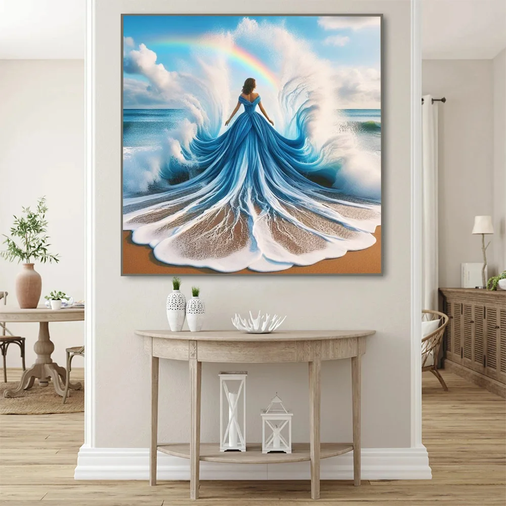 Cross Stitch Kit Woman With 11ct Printed Canvas DIY Embroidery Landscape Evening Dress Beach