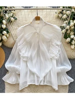 Femmes printemps automne chemise mode français rétro décontracté haut de gamme à pois Blouse avec manches à bulles nœud Design haut S263 5