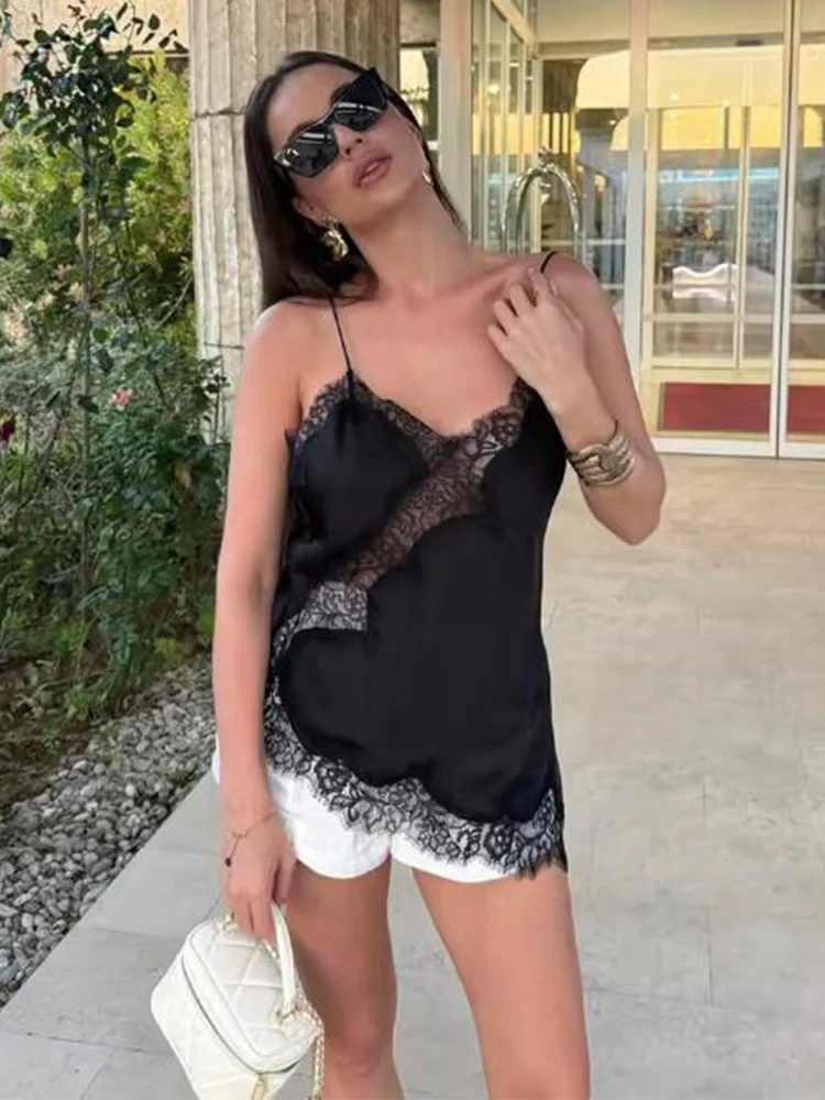 Sexy Lace Sling Tops Women's Hollow Out Sleeveless Backless Asymmetrical Hem Top 2025 Summer New Lady Fashion Short Tops