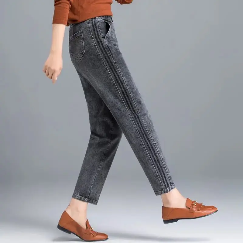 

Women's Solid Spring Autum High Waisted Elastic Waist Harlan Pockets Bright Line Decoration Casual Trousers Fashion Loose Pants