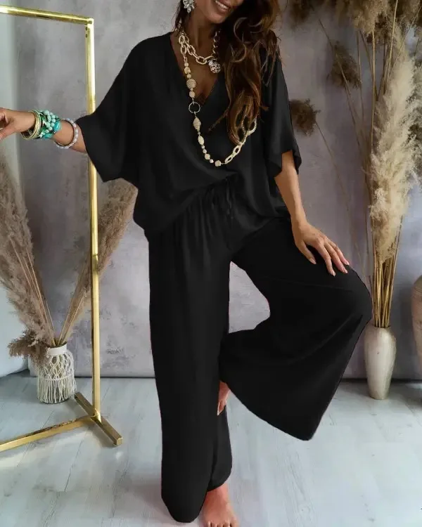 

2023 Summer Spring Casual Woman Knit Sets Solid Color O-neck Short Sleeve Blouse Shirt Tops&Wide Leg Pants Sporty Two Piece Set