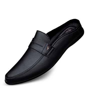Moda mezza pantofola scarpa per uomo pantofole nero bianco mocassini in vera pelle mocassini maschili antiscivolo da uomo che guidano scarpe Casual 1