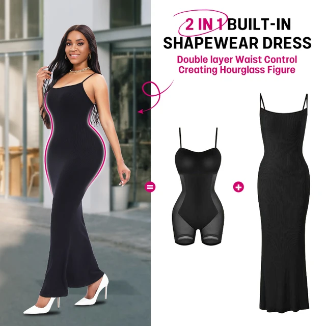 Women Built In Shapewear Bra Waist Cinched Butt Lifter Sleeveless Slip Long Dress Body Shaper 2