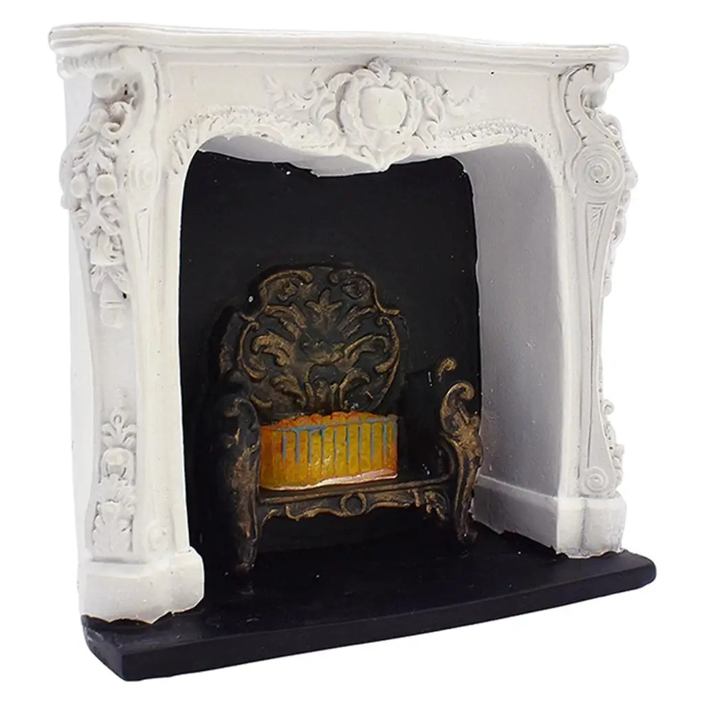 1:12 Miniature Fireplace Model Toys Doll House Electric Red Light Vintage Carved Living Room Resin Furniture Scenes Decoration