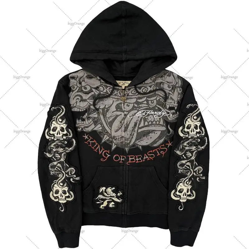 

Y2K New Street Casual Versatile Harajuku Style Zipper Sweatshirt Men's American Gothic Rock Skull Bones Oversized Women's Hoodie