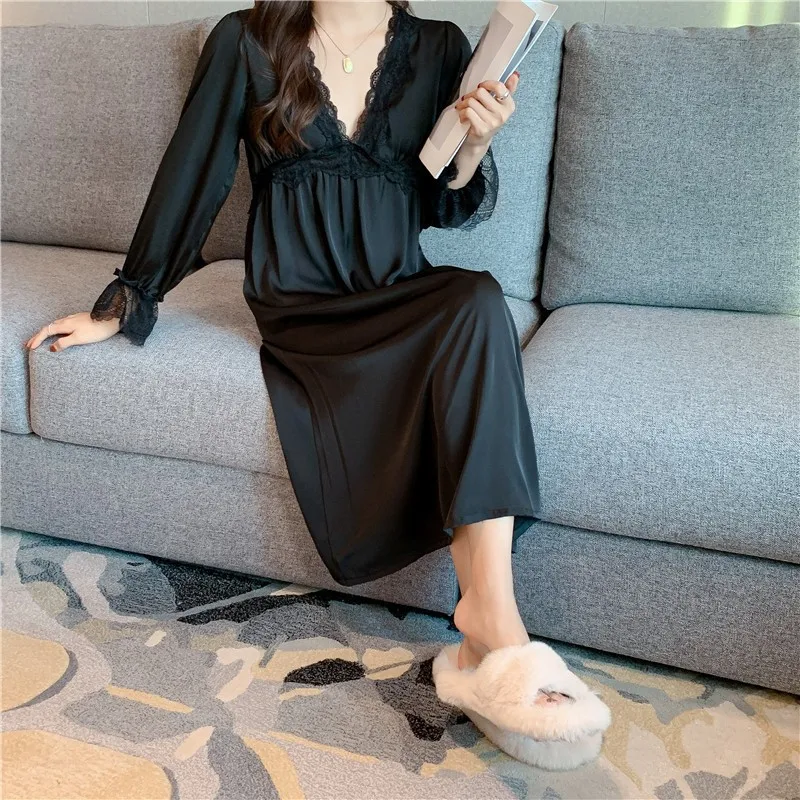 قمصان نوم بتصميم أنيق للنساء لربيع الخريف بأكمام طويلة، ملابس نوم على طراز الأميرة الفرنسية مع وسادة صدر للسيدات