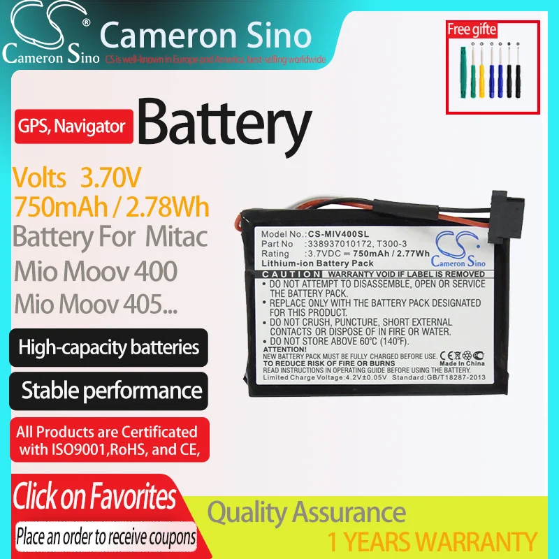 Batteria Cameronsino Per Mitac Mio Moov 400 Mio Moov 405 M1100 Per 338937010172 T300-3, Batteria Navigatore Gps.