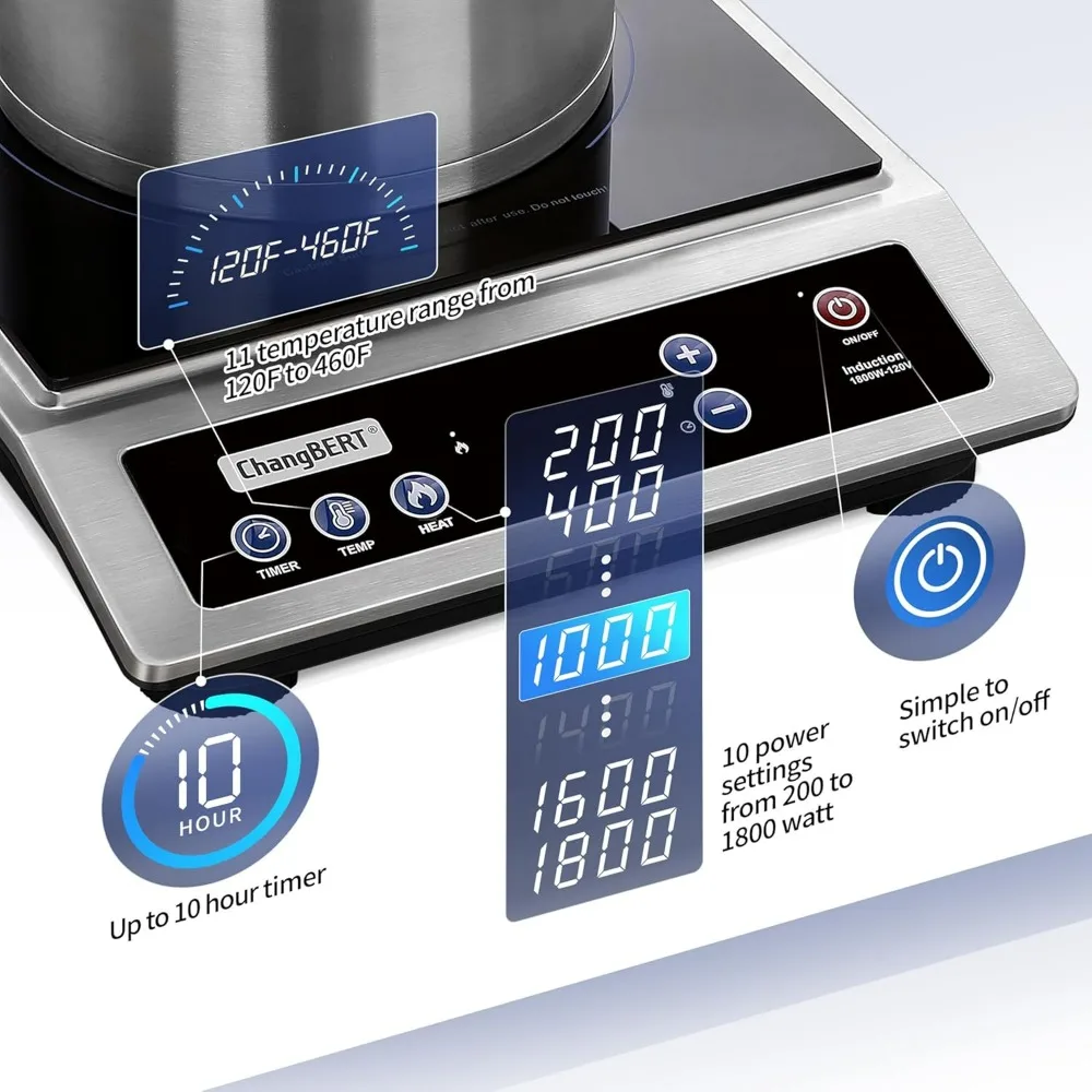 Induction Cooktop, Commercial Grade Portable Cooker, Large 8&rdquo; Heating Coil, 18/10 Stainless Steel Countertop Burner