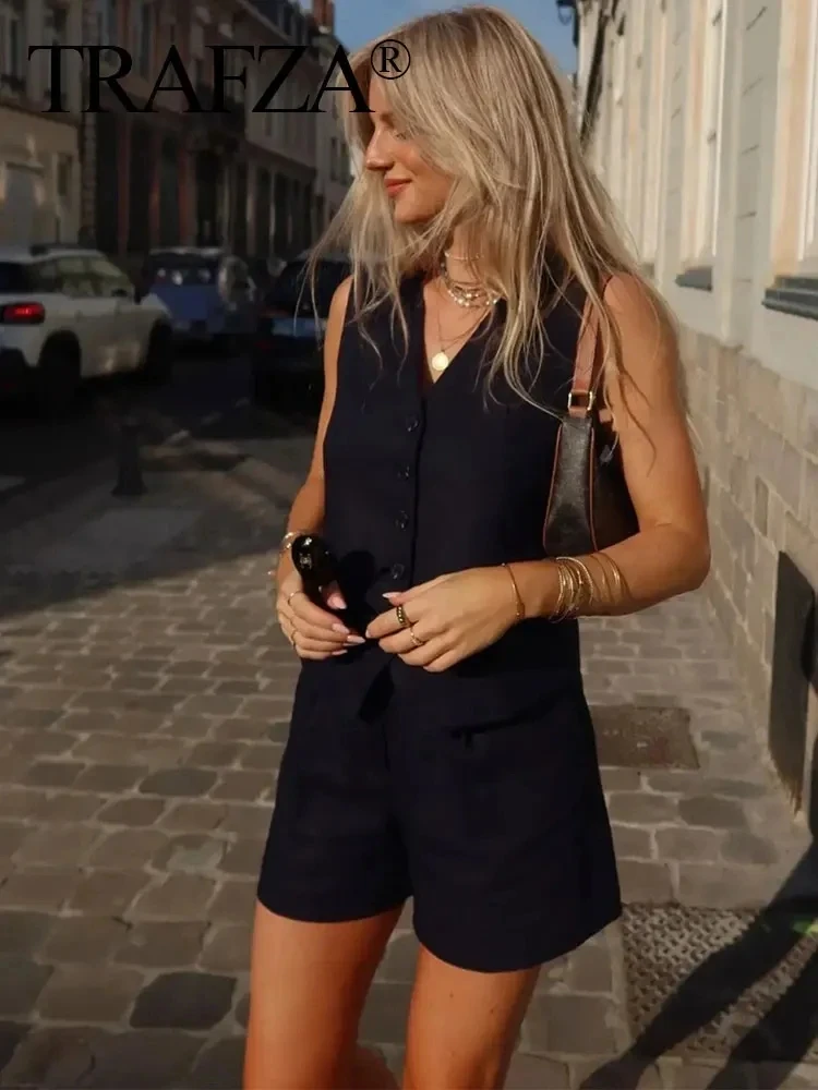 HH Summer Vests Shorts Suit For Women Casual V Neck Single Breasted Vest Top High Waist Pant Fashion Streetwear White Outfit