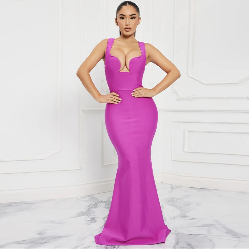 

2023 New Rosered Color Women Sleeveless Sexy V-Neck Bodycon Long Dress Rayon Bandage Fashion Evening Party Celebrate Prom Dress