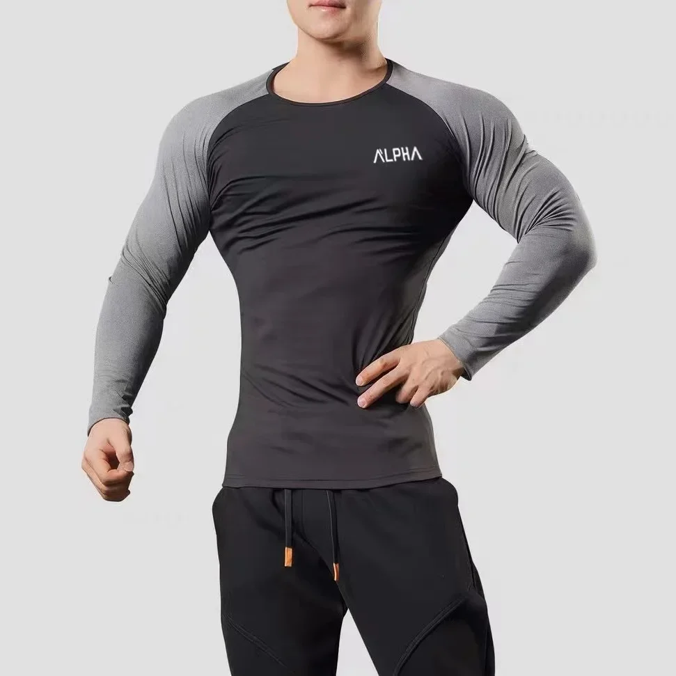 Vestiti maschili top in poliestere elasticità magliette Slim Fit per uomo palestra nera stretto Running Harajuku Fashion Bulk Full Sleeve Tee F - immagine 4