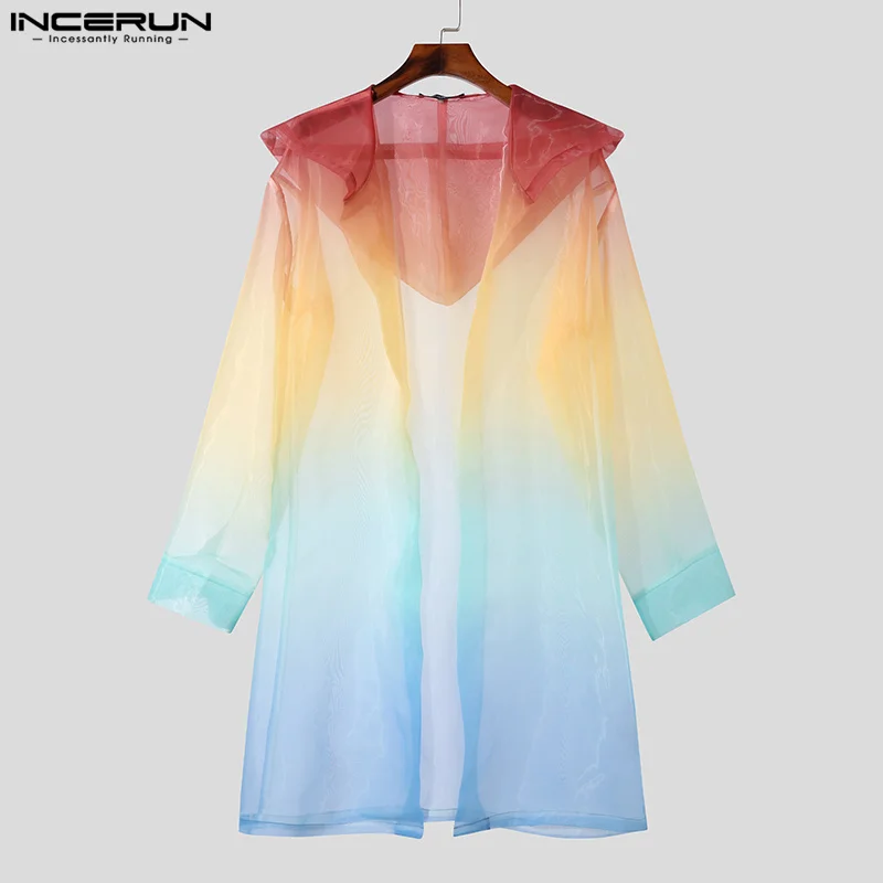Men Trench Tie Dye Gradient Hooded Long Sleeve Open Stitch Casual Coat