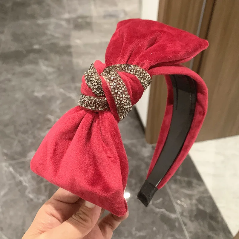 

Red Velvet Rhinestones Bow Headband Vintage Hair Ornament Handmade Solid Bowknot Hairband Toothed Not Slipped Hair Hoop