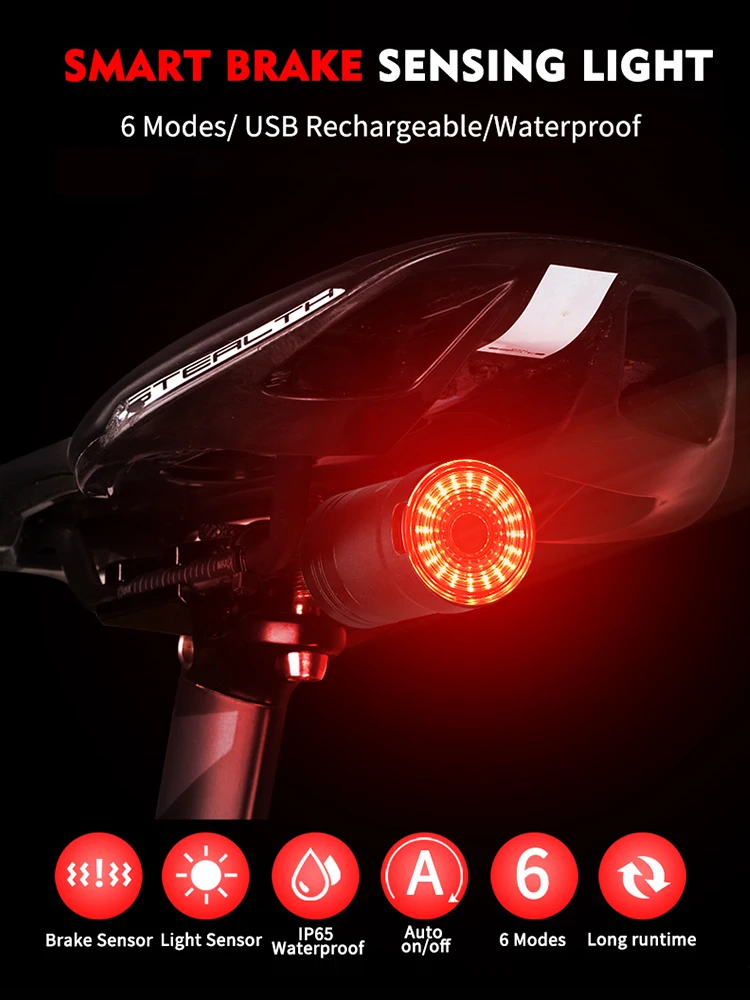 WEST BIKING Bike Rear Light Waterproof Taillight Light LED Charging Bicycle Smart Auto Brake Sensing Light Bike Accessories