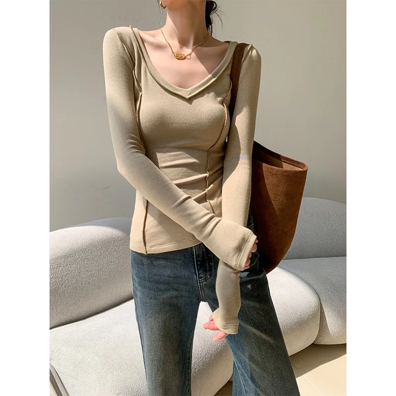 

Autumn V-neck T-shirt Women Slim Fit Long-sleeved Korean Design Niche Versatile Bottoming Tops Sexy French Style Khaki Tights