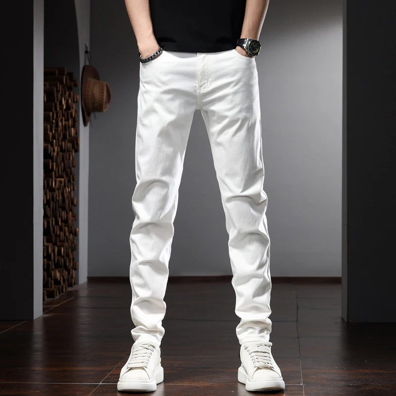 

White Pants Men Pure Color Jeans Korean Style Casual Slim Fit Straight Trousers