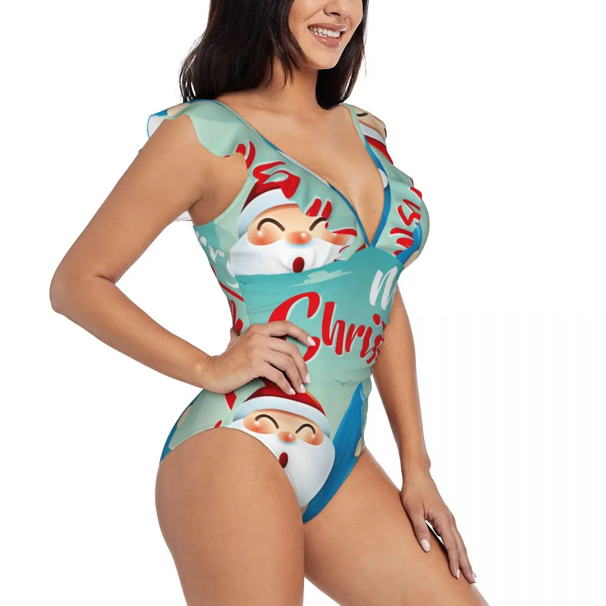 

Ruffled One-piece Swimsuit Women Summer Beach Merry Christmas Santa Claus Sexy Lace Up Monokini Swimwear Girl Beach Bathing Suit