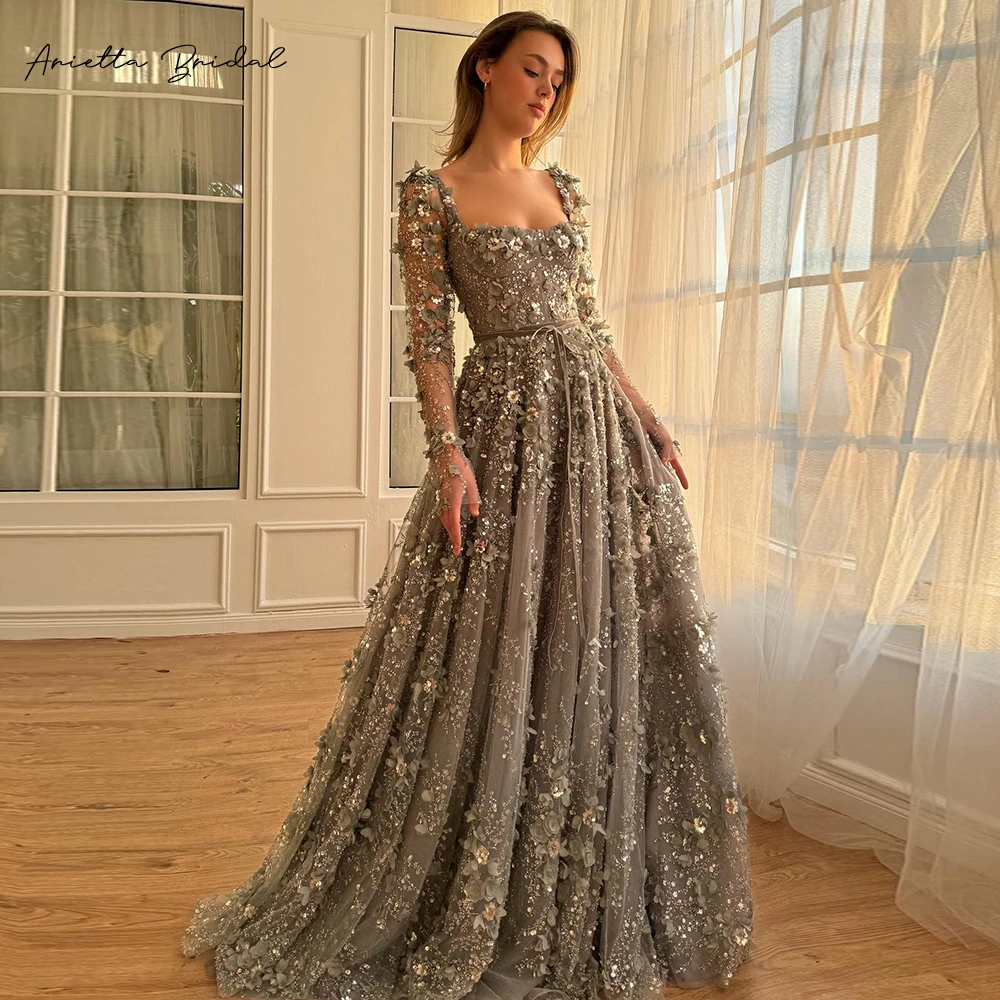 

Arietta Gray Floral Sequin Beading Tulle Maxi Prom Dresses Long Sleeves 3D Flowers A-Line Evening Gowns Formal Occasion Dresses
