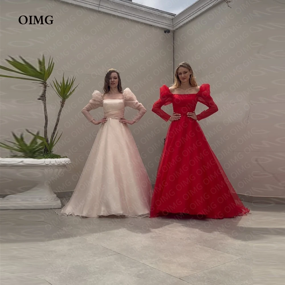 

OIMG Solid Color Long A Line Formal Party Dresses Full Sleeves Strapless Evening Gowns Night Club Dress Gown Robe de soiree