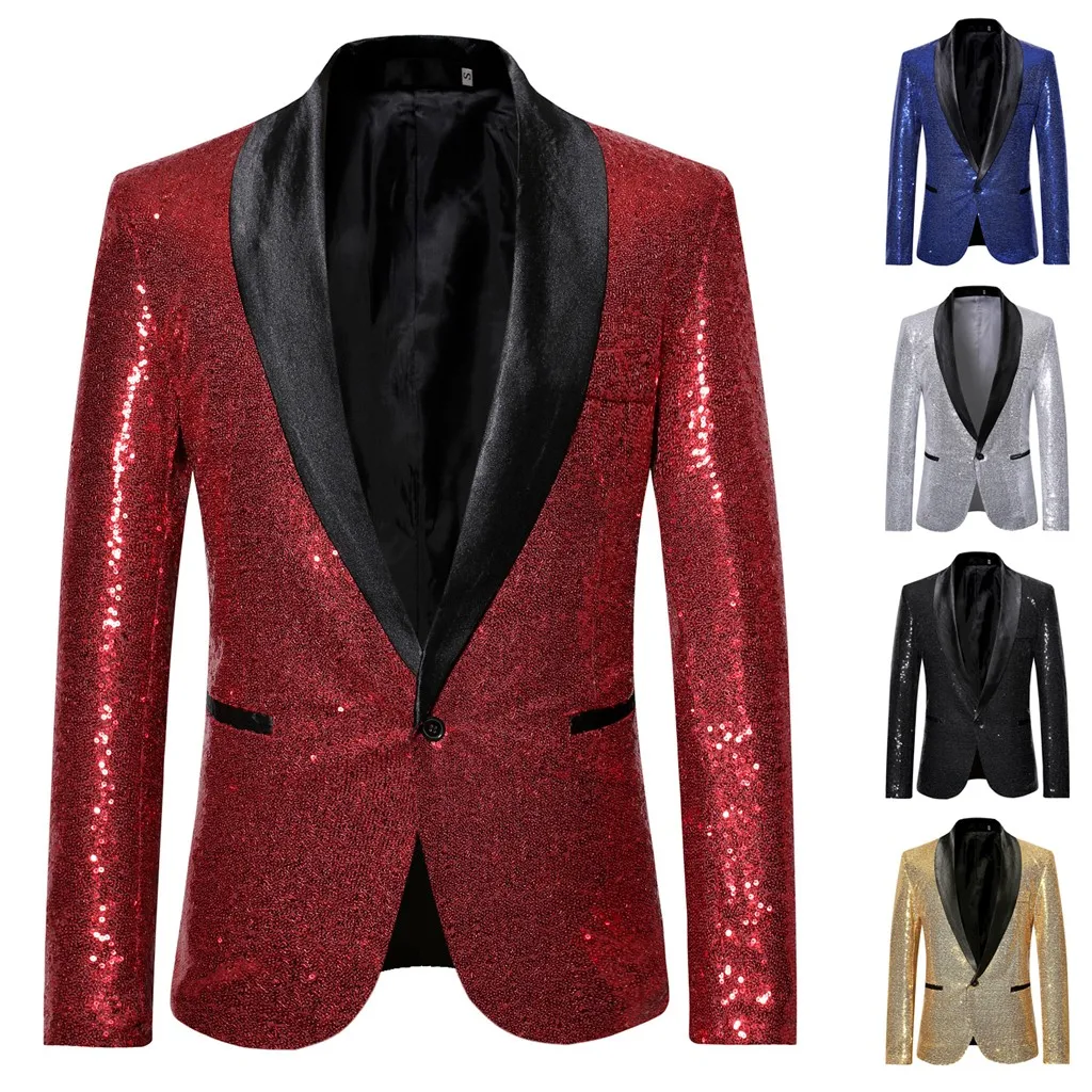 

Gold Shiny Men Blazers Jackets Sequins Stylish Dj Club Graduation Solid Suit Blazer Stage Party Wedding Outwear ropa hombre