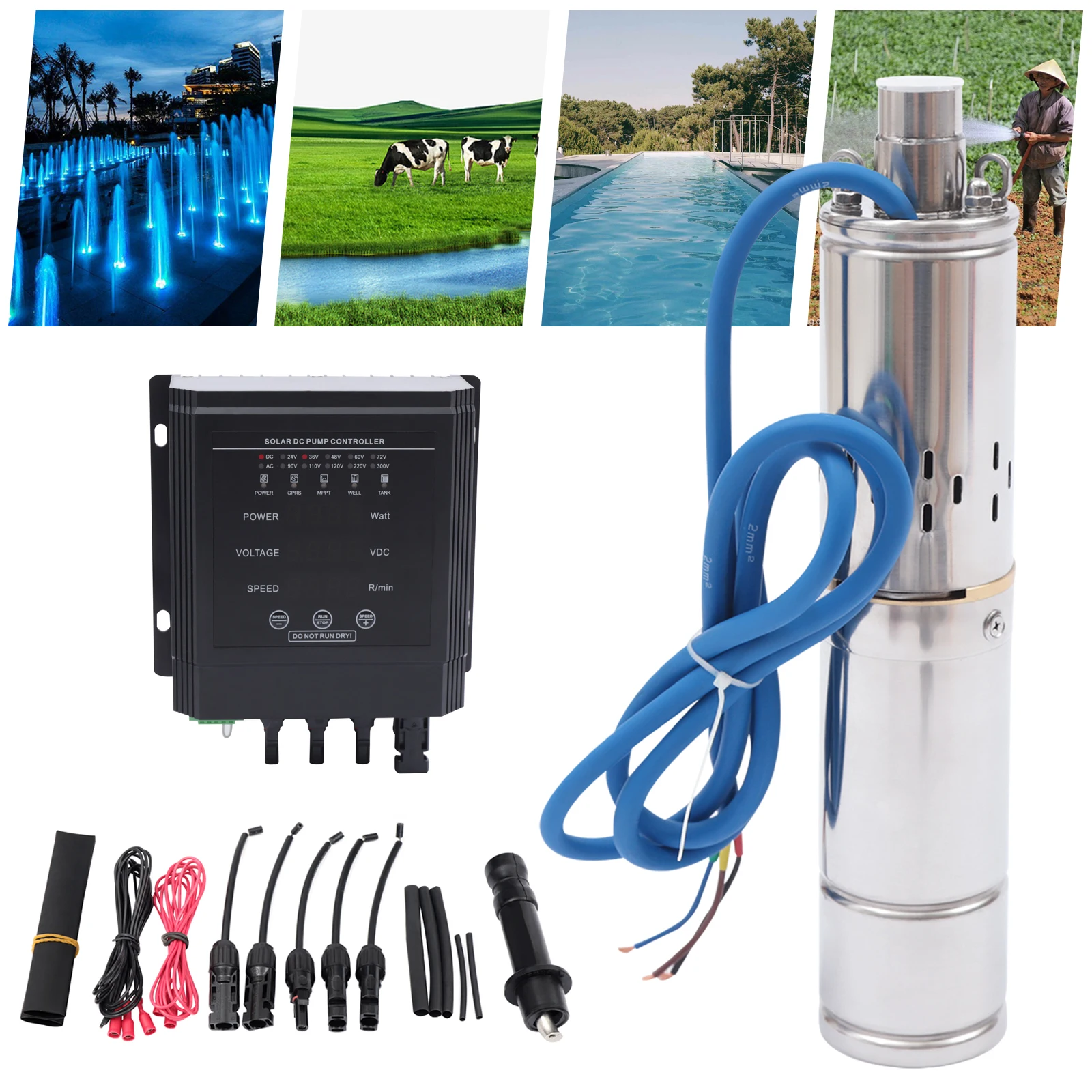 400W Solar Powered Water Pump DC 36V Submersible Deep Well Pump 80m +MPPT Controller
