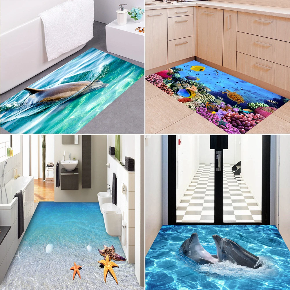 Pegatina de pared 3D para decoración de suelo de sala de estar, pegatinas  de azulejos de paisaje de mar, Delfín de océano, Guijarro, papel tapiz  impermeable para Baño| | - AliExpress