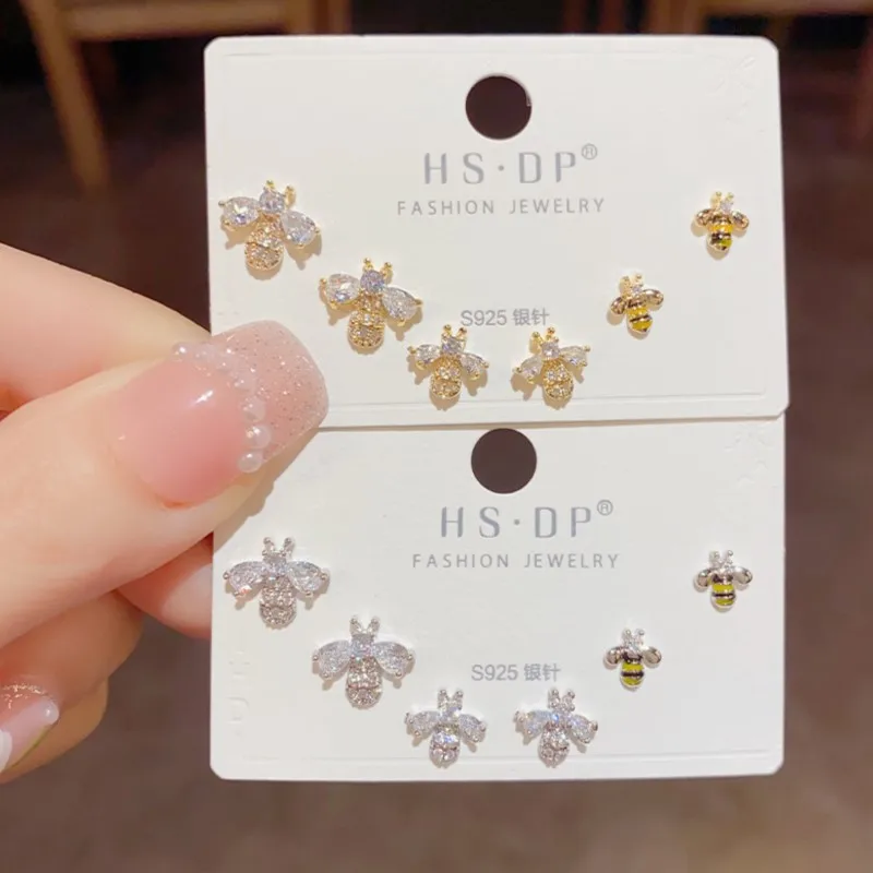 6Pcs/set Bee Animal Zircon Earring Sets for Women Exquisite Fashion Gold Color Stud Earrings Grils Birthday Gifts