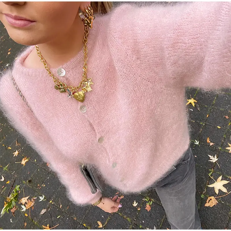 S816d8d24fa564b0985e1bcc5ca3fb288j Lady Chic Round Neck Mohair Cardigan Casual Loose Single Breasted Long Sleeve Sweater, Women Elegant Office Commute Knitwear Mallzona