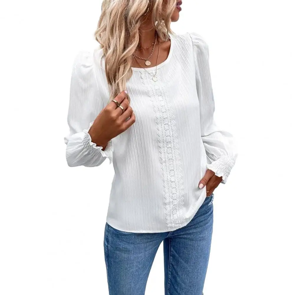 

Women Fall Spring Top Elastic Shirring Cuff Round Neck Loose Lace Patchwork OL Commute Style Long Sleeve Soft Lady Blouse