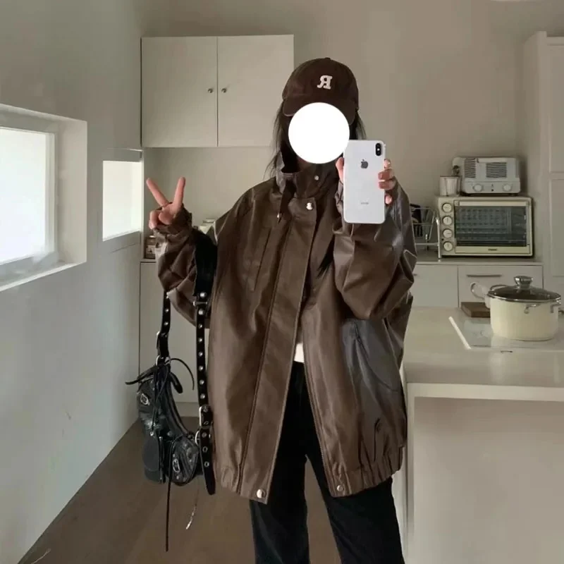 2023 New Fashion Loose Network Red Spring Autumn Japanese Retro Buckle Motorcycle PU Leather Jacket Coat Loose Couple Top Trend