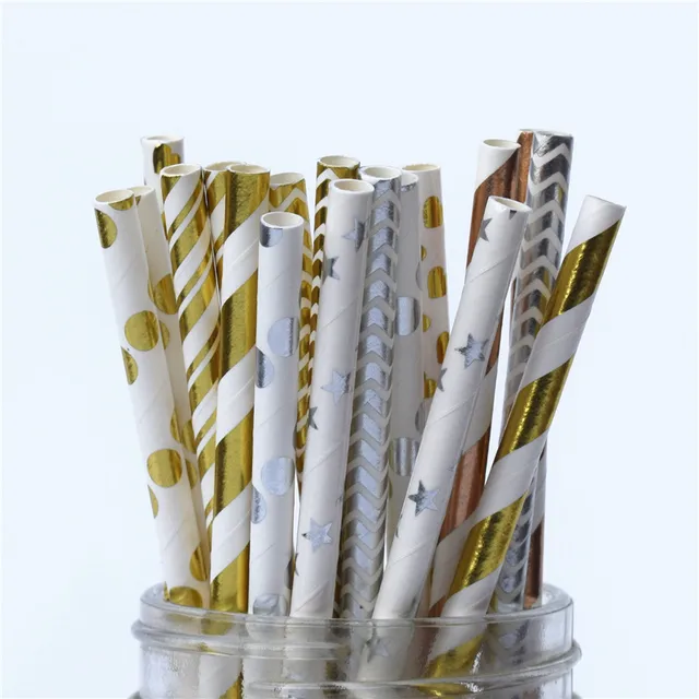 Metallic Gold Heart Star Foil Stripe Paper Straws