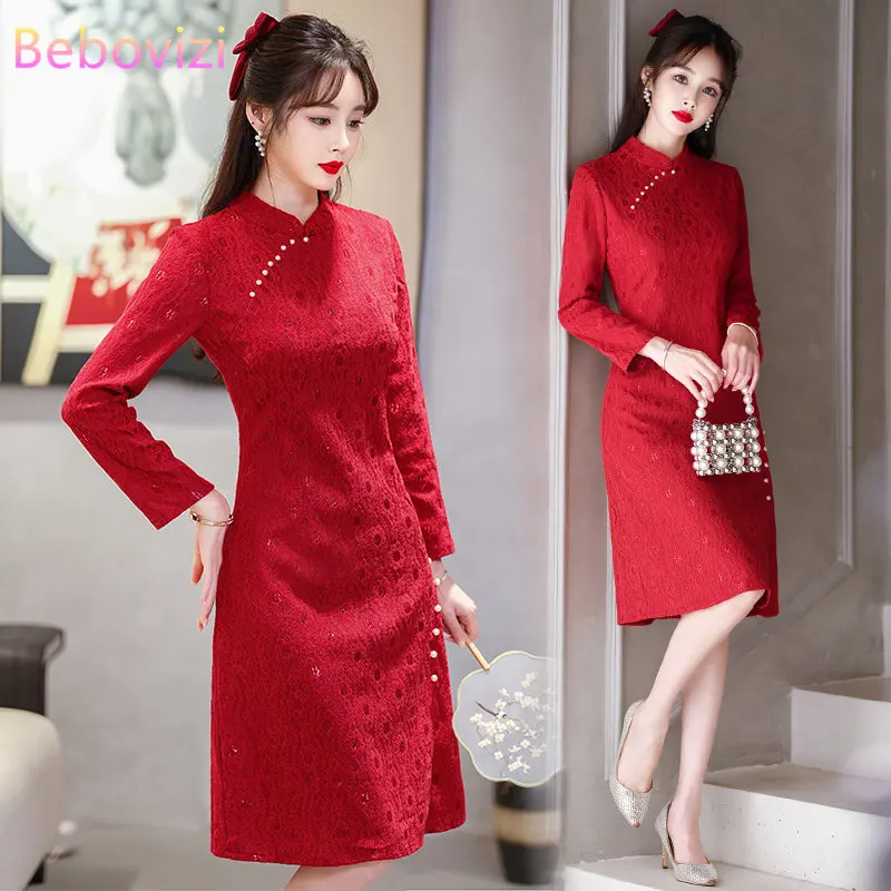 

New Lace Retro Modified Cheongsam Chinese Traditional Qipao Dress for Women Clothing