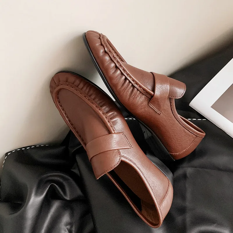 

MKKHOU Fashion Women's Shoes New High Quality Genuine Leather Soft Pleated Low Heel Loafers Shoes Daily Lightweight Shoes