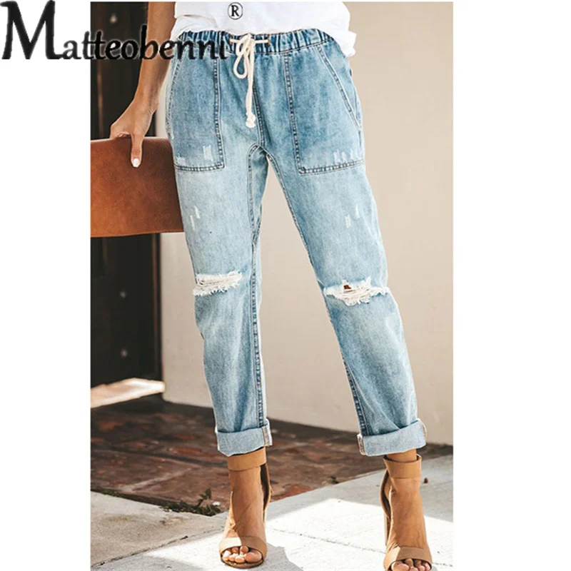 Fashion Broken Holes Elastic Waist Lace-up Straight Jeans Ladies Vintage Elegant Commuter Versatile Basic Women's Denim Pants 23 fashion straight ladies jeans women high waist and slim 2023 new holes ripped demin pants