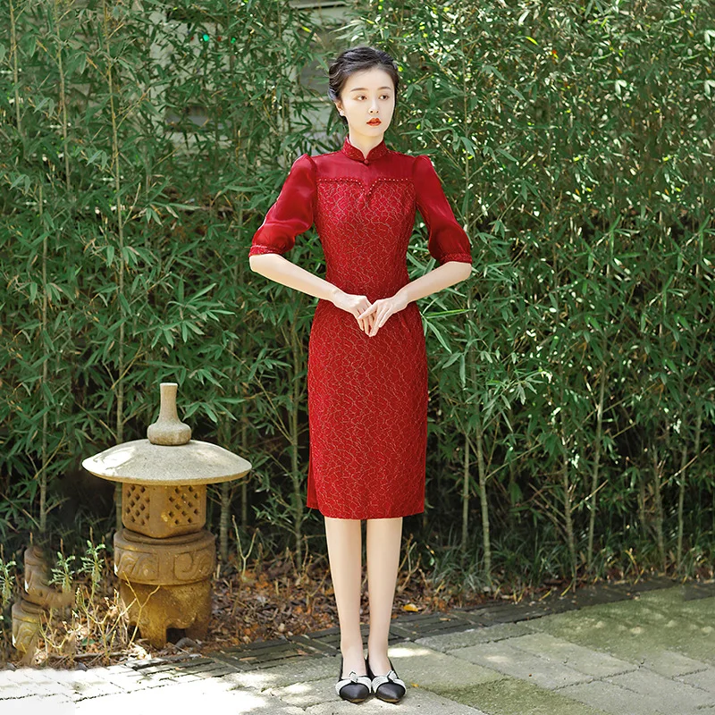 

Traditional Mandarin Collar Beaded Knee-Length Cheongsam Chinese Chiffon Half Sleeve Qipao Women Dress