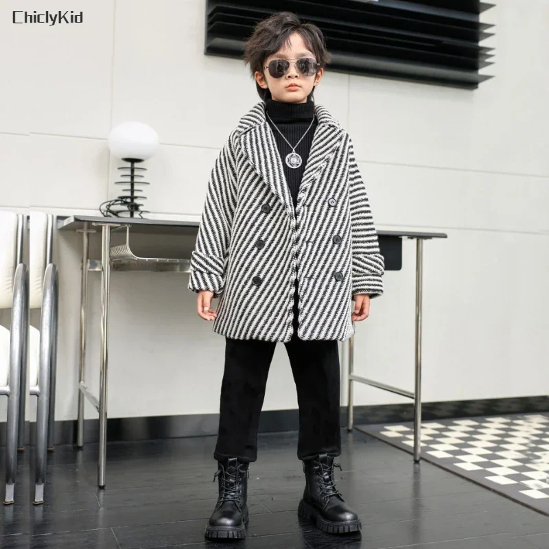 Boys Winter & Fall Chesterfield Coat Kids Black and White Striped Jacket Toddler Child Velvet Houndstooth Thick Woolen Overcoat