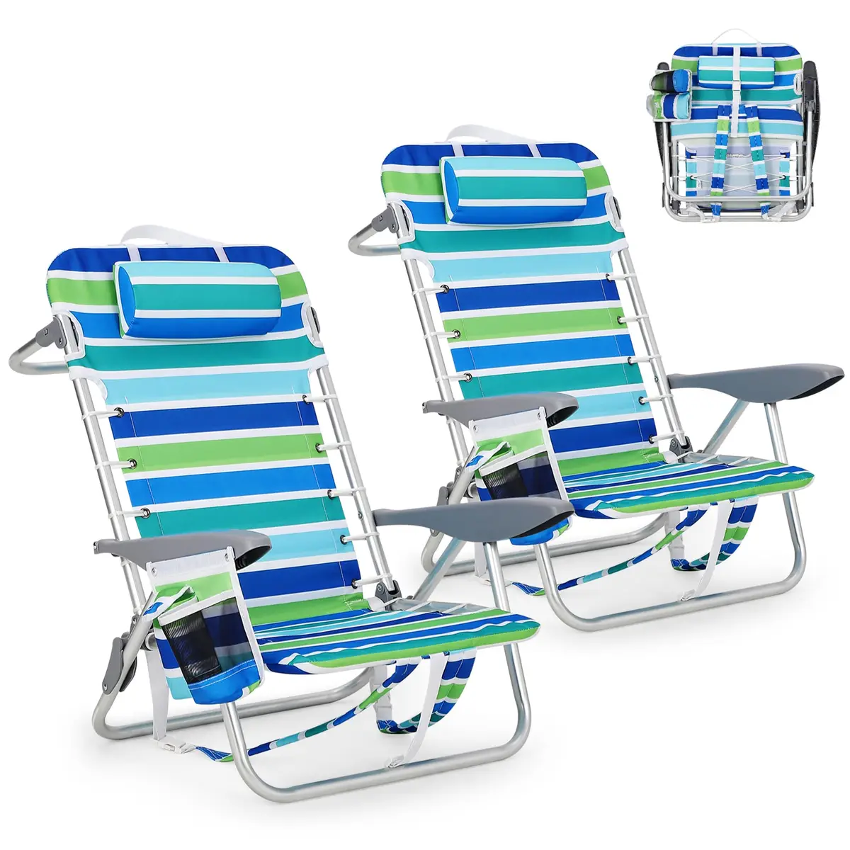 Portable Backpack Beach Chair 2 Pack 5 Reclining Positions Folding Outdoor Lounge w/Backpack Straps,Cup Holder for Camping Beach