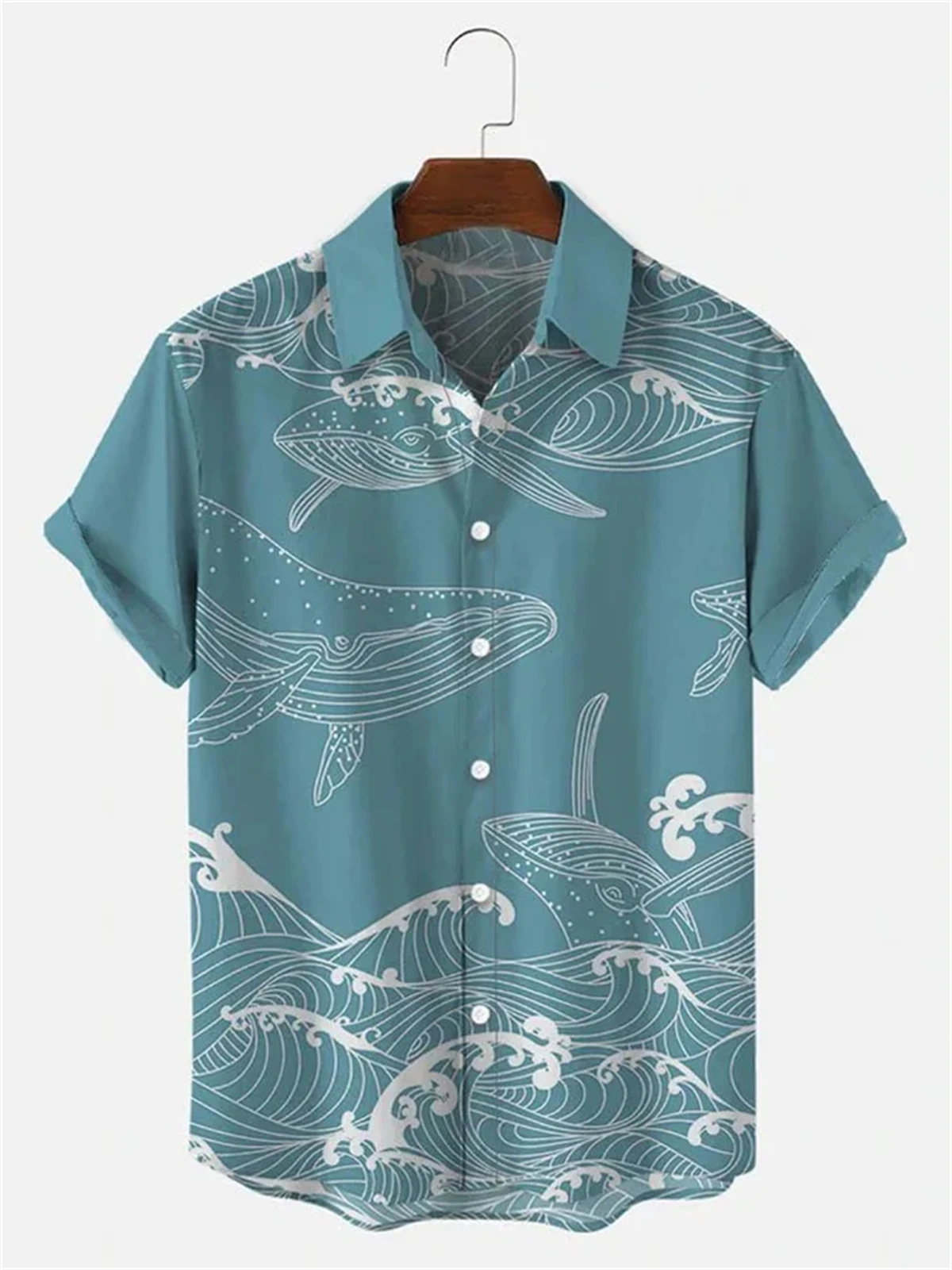 Hawaiian Men's Short Sleeve Shirt Whale Spray Print Beach Fashion Lapel Top 2024 New Large Size Casual 2