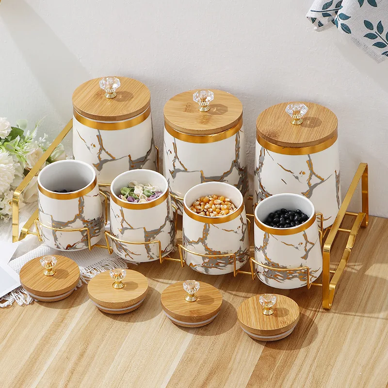 

7pcs/Set Ceramic Storage Jar Airtight Jar with Wooden Lid Storage Tank Food Storage Box Tea Caddy Spice Jars Kitchen Storage
