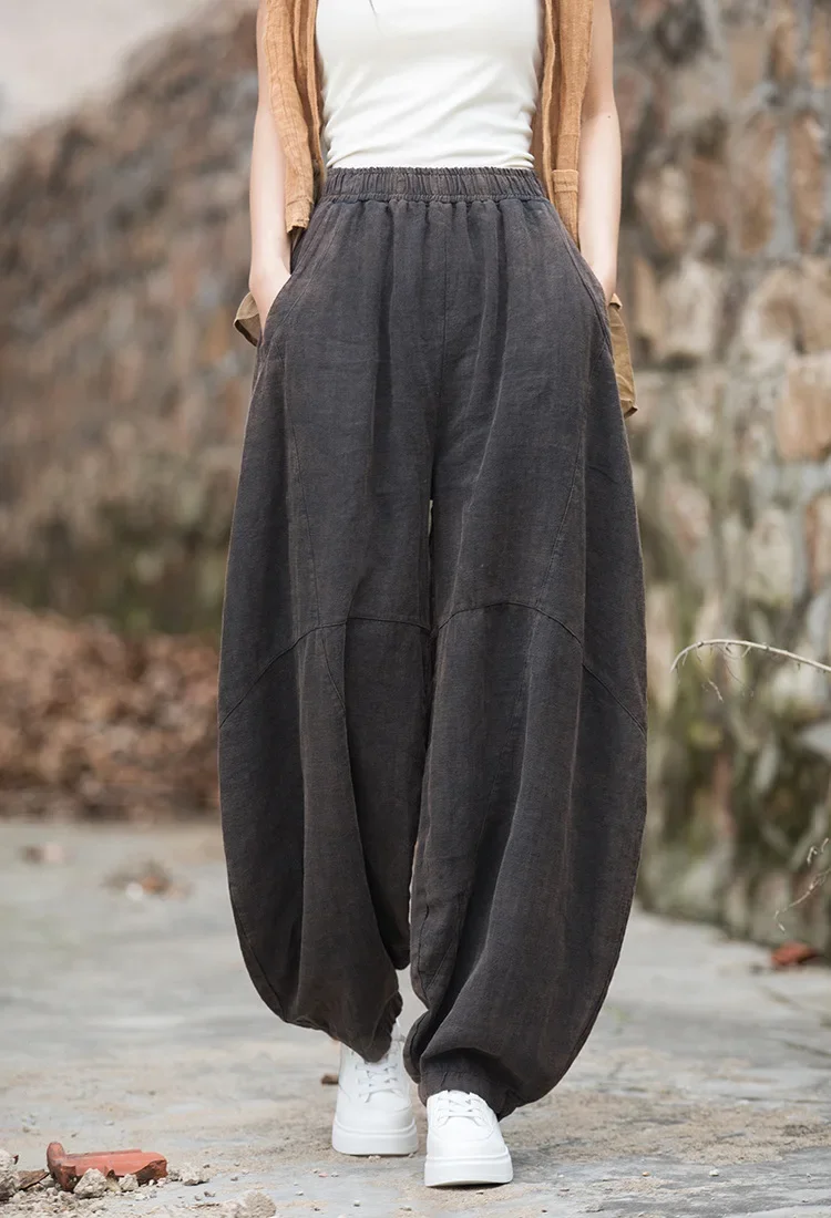 Chinese Style Curved Ramie Cotton Pants Vintage Loose Tai Chi Trousers