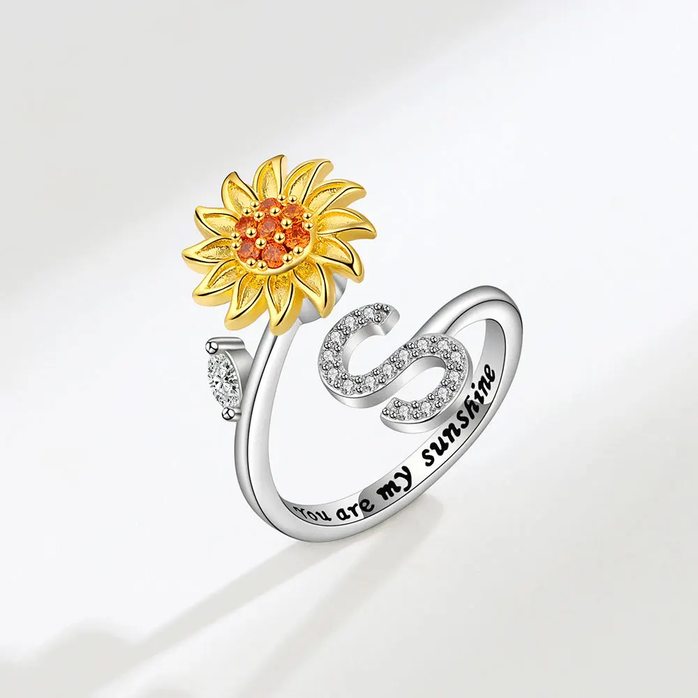 Rotating Sunflower Initial Letter Rings For Women Anti Anxiety Spinner You Are My Sunshine Stainless Steel Ring Birthday Jewelry Stainless Steel Ring Finger Ring Fidget Spinner Ring