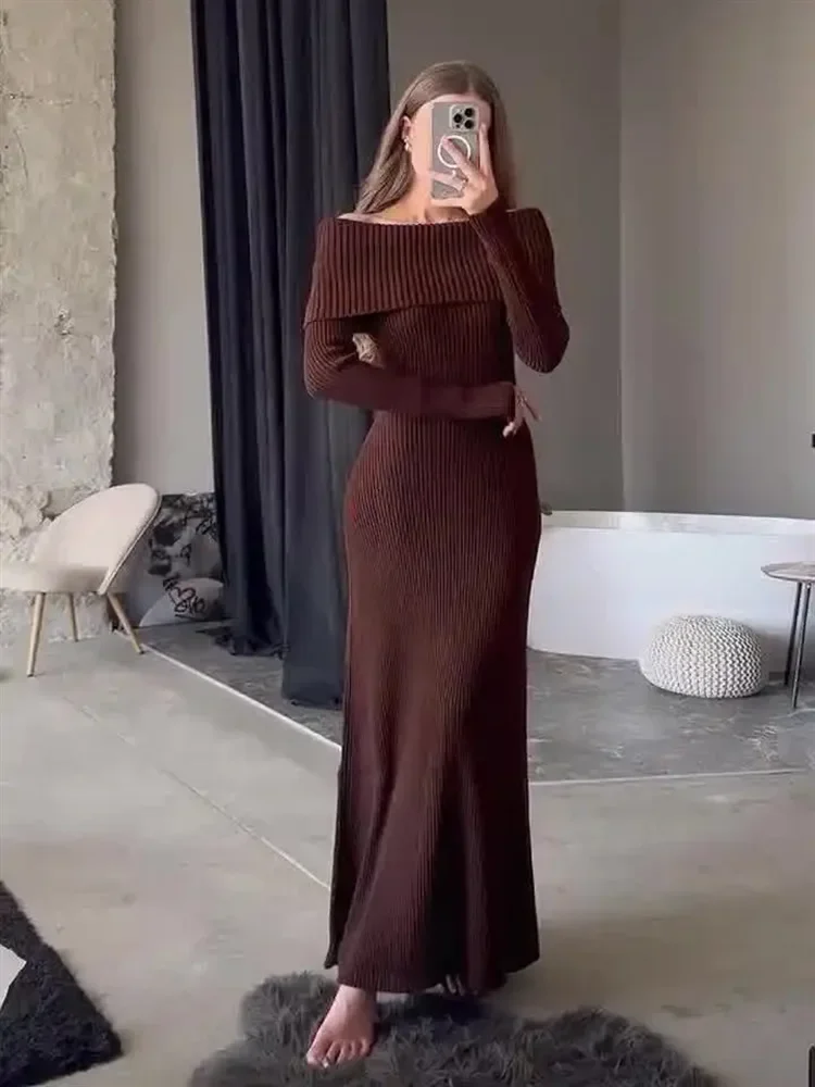 Fashion Knit Long Dress Off-Shoulder Female Ribbed Loose High Waist Elegant Autumn Party Dress Ladies Knitwear Maxi Dress