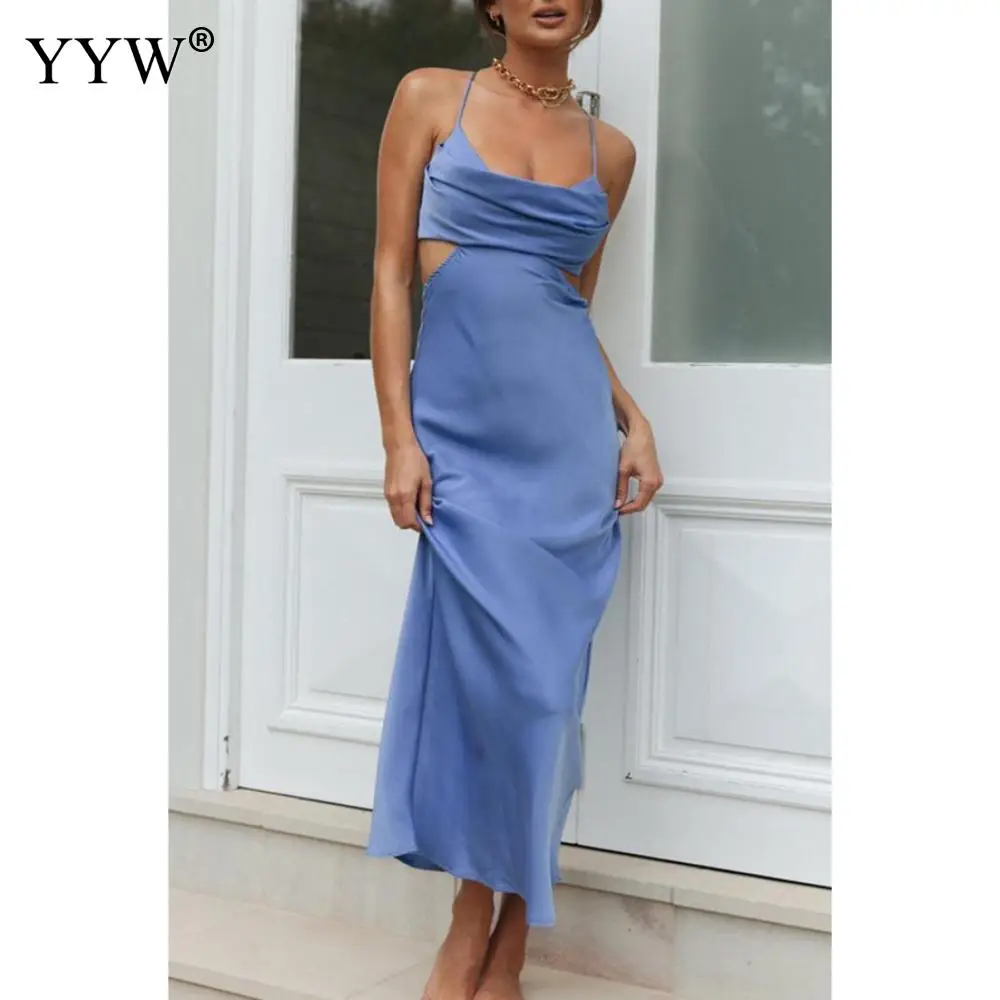 Female Elegant Straps Party Beach Vestidos Women Solid Color V-Neck Sexy Bodycon Long Dress Sleeveless Backless Summer Dresses
